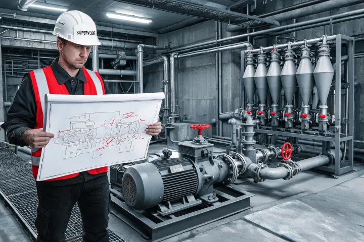 Mine maintenance supervisor reviewing pump circuit plan